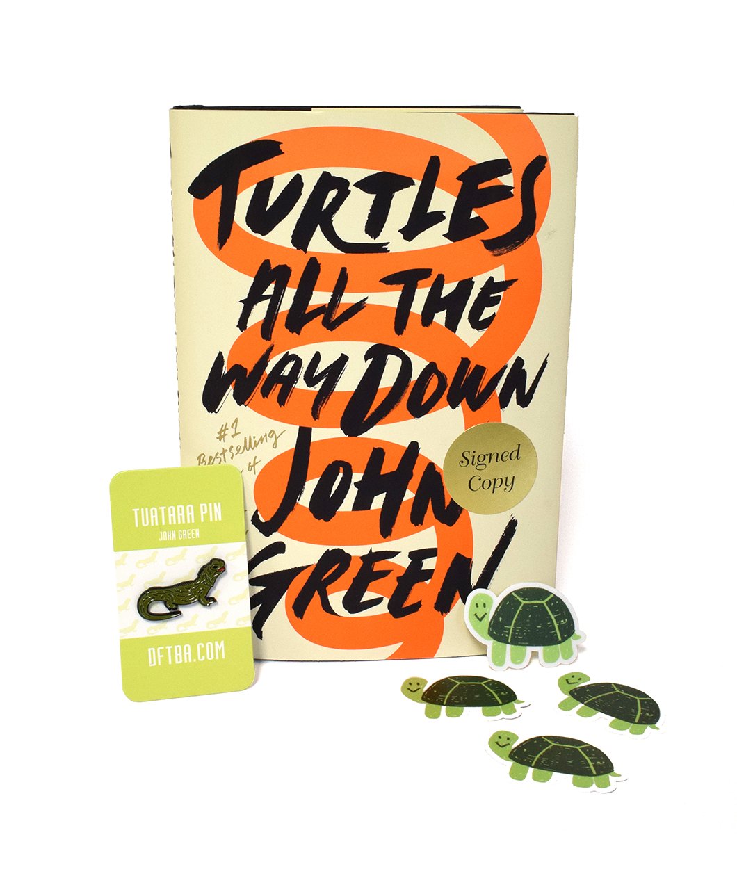 Turtles All The Way Down Book + Lapel Pin + Sticker Bundle